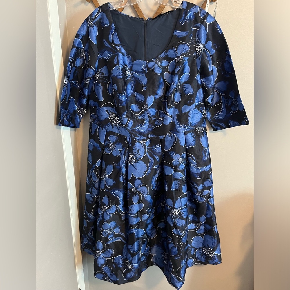 eShakti Hawaiian florals in blue w black fit & flare midi plus size 2X 20W